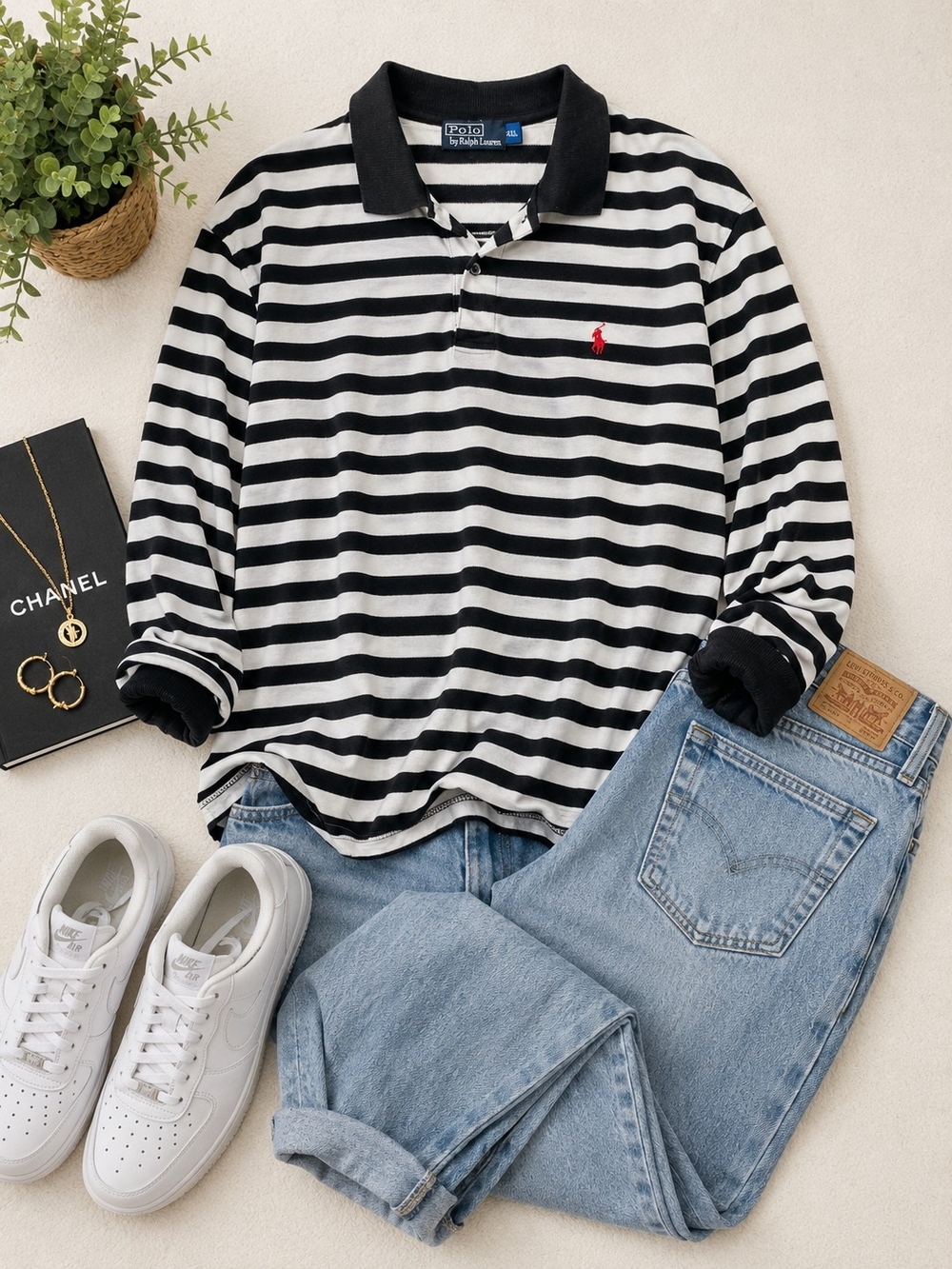 Ralph Lauren BOYFRIEND 4XL Black White Striped Polo Rugby Shirt Preppy - Picture 2 of 7